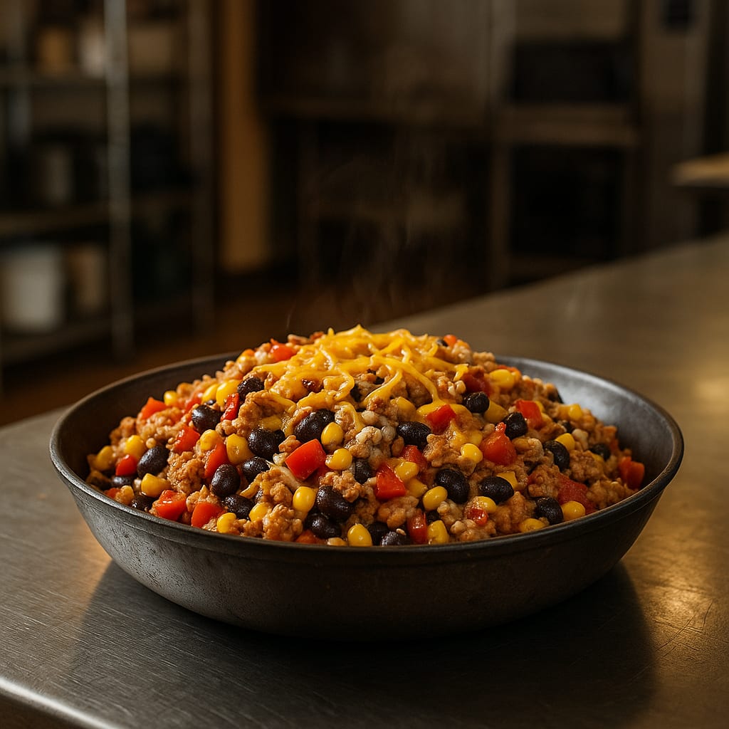 Turkey Taco Skillet — lean ground turkey, red bell pepper, yellow onion, frozen corn, black beans, diced tomatoes with green chiles, and shredded cheddar