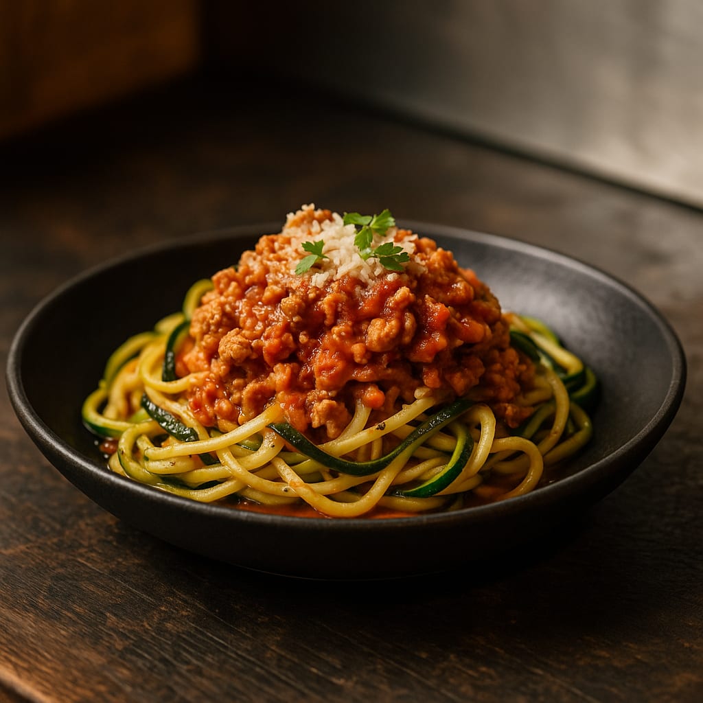 Turkey Zoodle Bolognese — lean ground turkey, zucchini, crushed tomatoes, and parmesan cheese