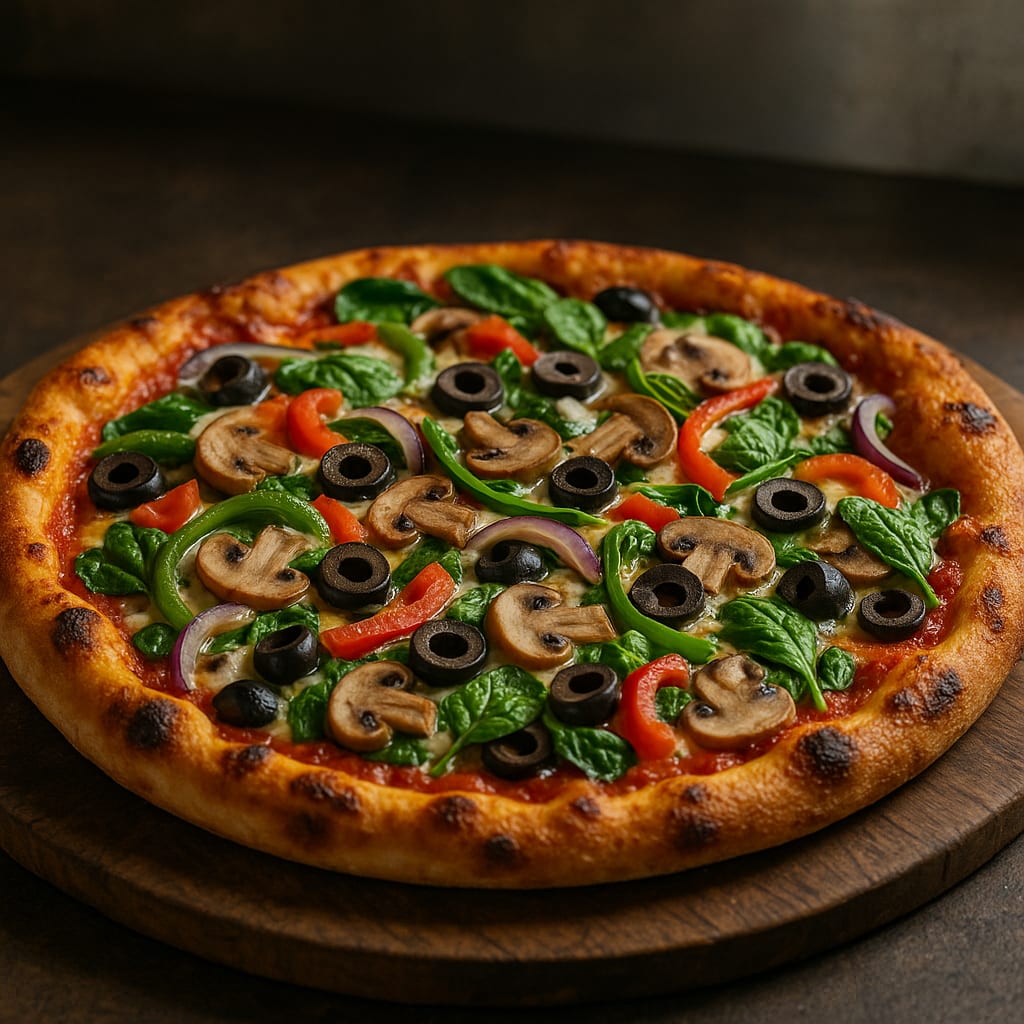 Veggie Supreme Pizza — pizza dough, pizza sauce, mozzarella cheese, bell peppers, red onion, mushrooms, black olives, and baby spinach