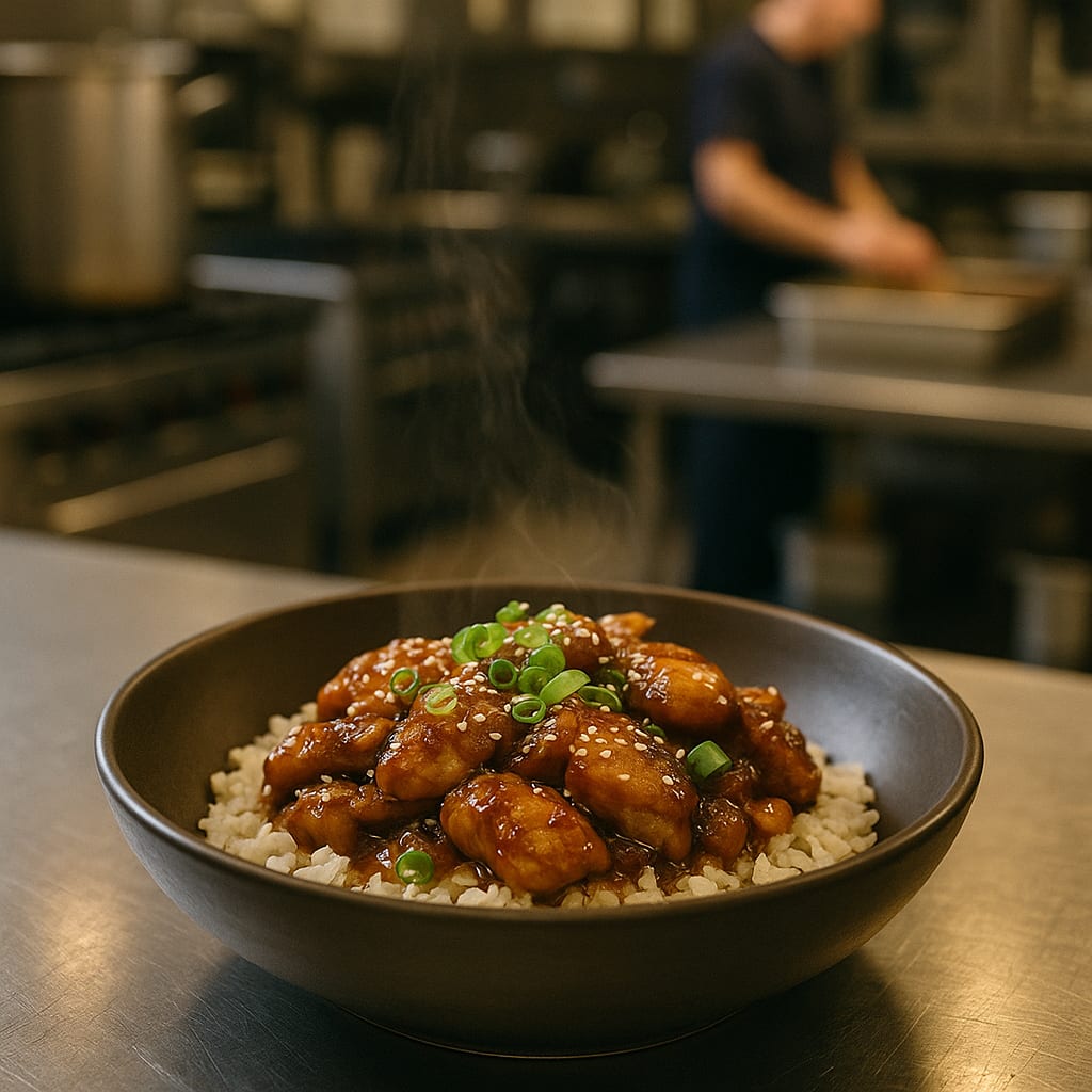 Vietnamese Caramel-Braised Chicken Bowls — rice, green onions, and sesame seeds