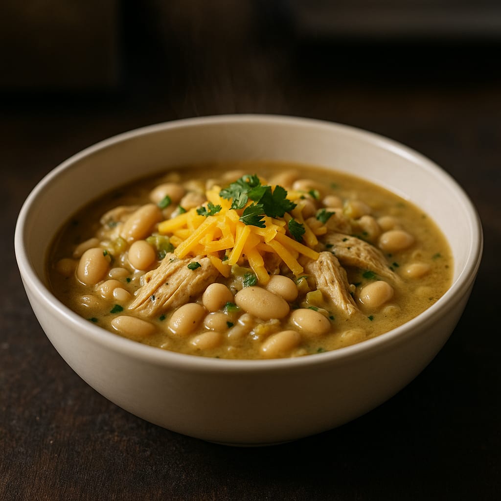 White Bean Chicken Chili — cannellini beans, shredded chicken, green chiles, cilantro, and cheddar cheese