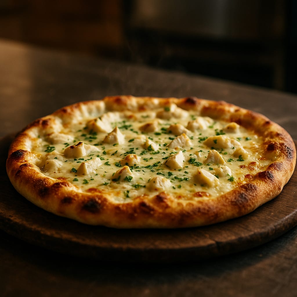 White Garlic Chicken Pizza — pizza crust, cooked chicken breast, cheese, and parsley