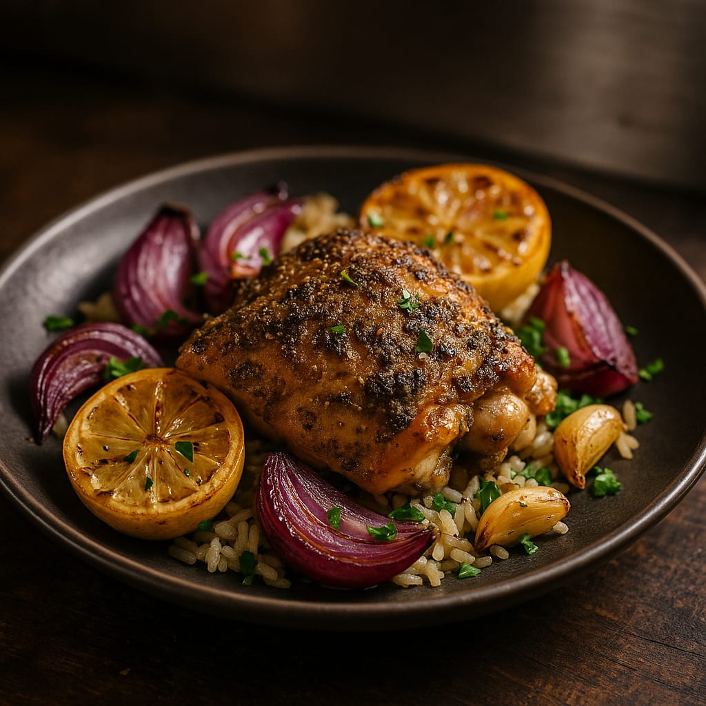 Za'atar Chicken Thighs — bone-in chicken thigh, za'atar spice blend, lemon, red onion, garlic cloves, fresh parsley, and rice
