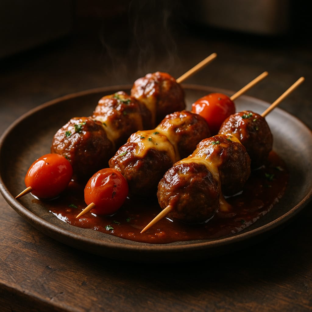 BBQ Meatball Skewers — cherry tomatoes and bbq sauce