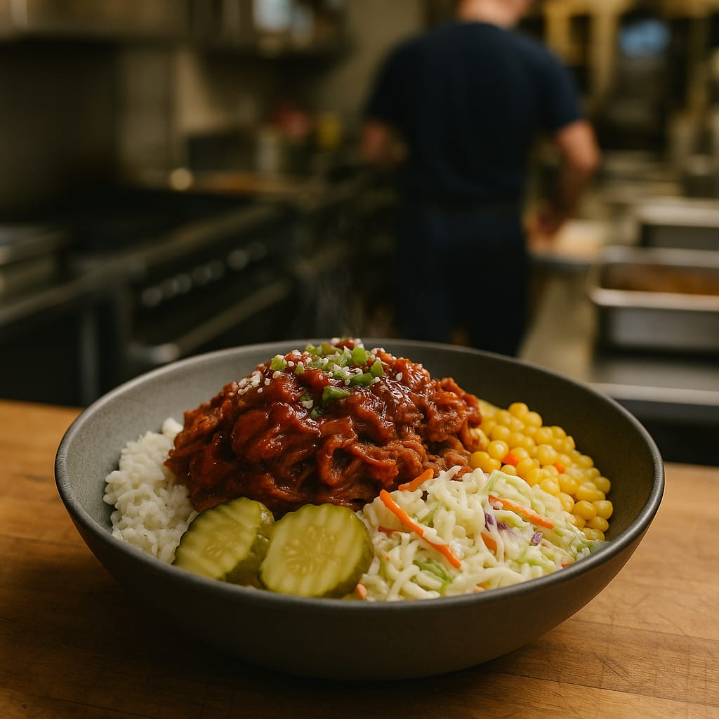 BBQ Pulled Pork Bowls — pork shoulder, barbecue sauce, rice, coleslaw mix, corn, and pickle chips