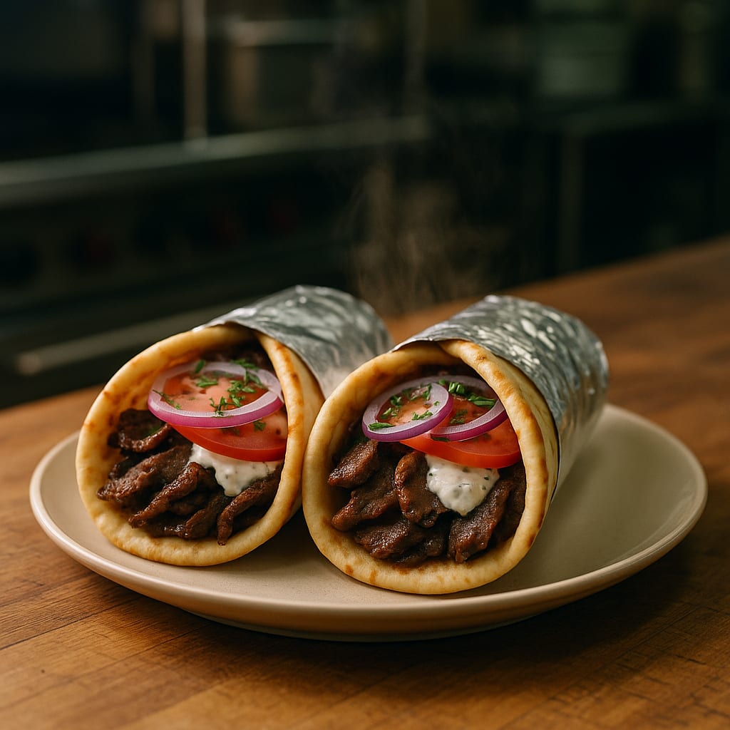 Beef Gyros — pita breads, tzatziki, red onion, and tomatoes
