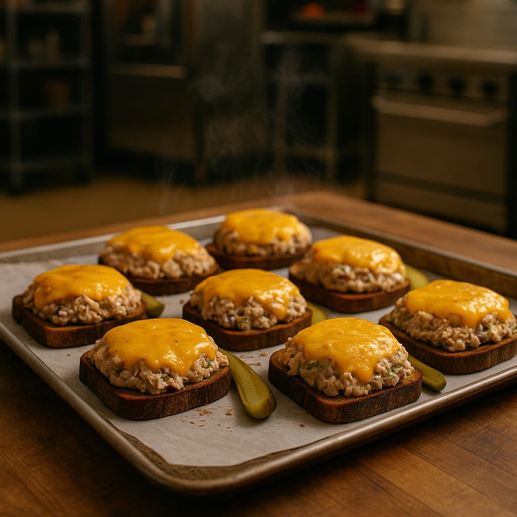 Open-faced tuna melts on marbled rye with cheddar and dill pickles