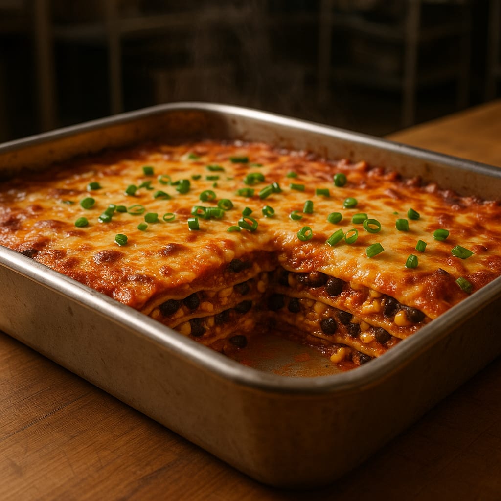 Black Bean & Cottage Cheese Enchilada Bake — corn tortillas layered with black beans, cottage cheese, and enchilada sauce