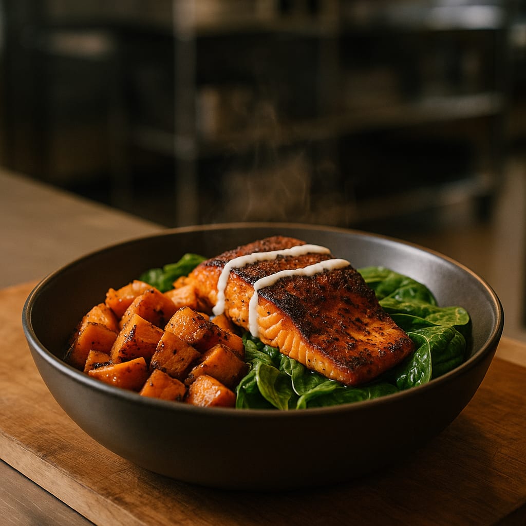 Blackened Salmon Sweet Potato Bowls — salmon fillet, baby spinach, and yogurt drizzle