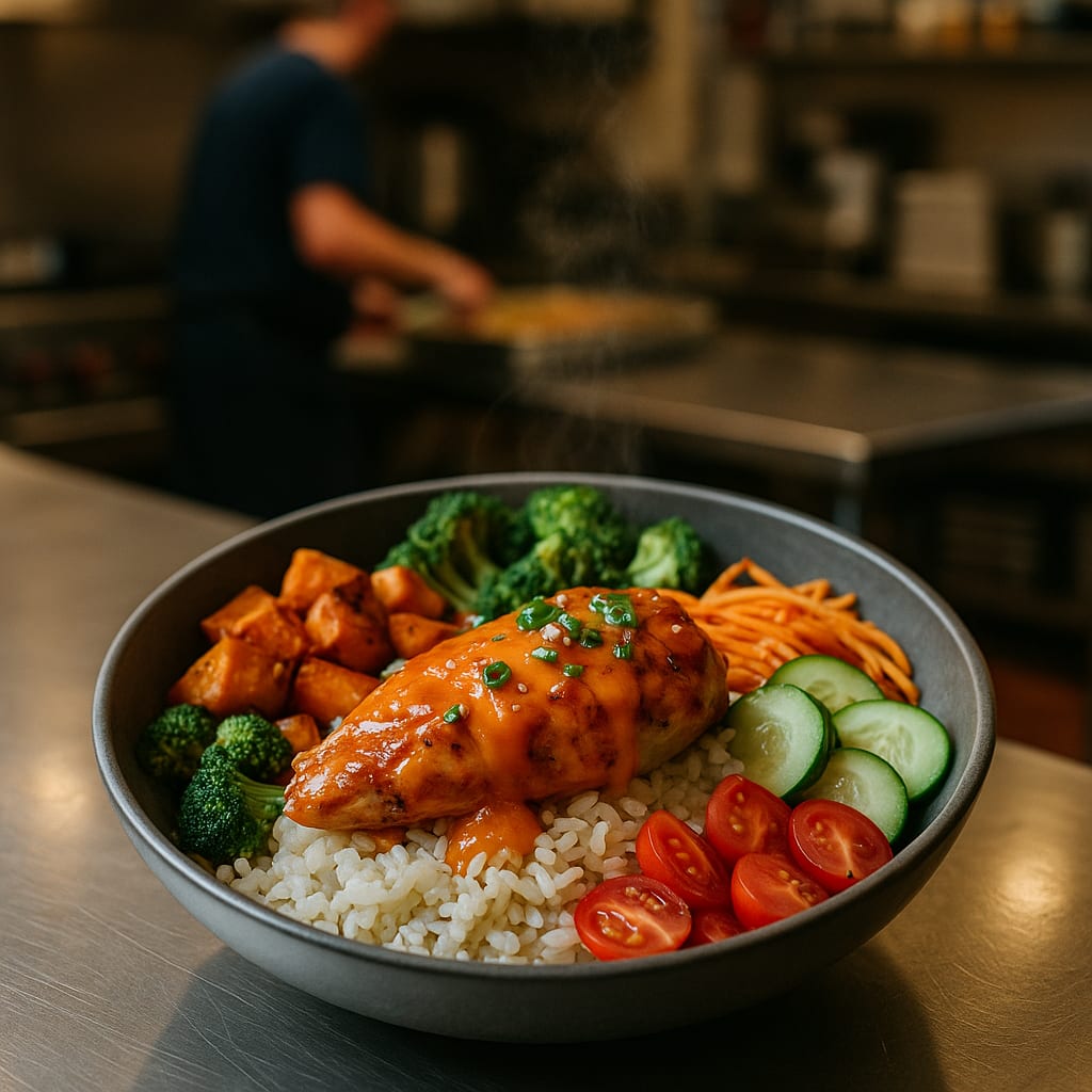 Buffalo Chicken Sweet Potato Bowls — chicken breast, buffalo sauce, sweet potatoes, broccoli florets, cucumber, shredded carrots, and cherry tomatoes