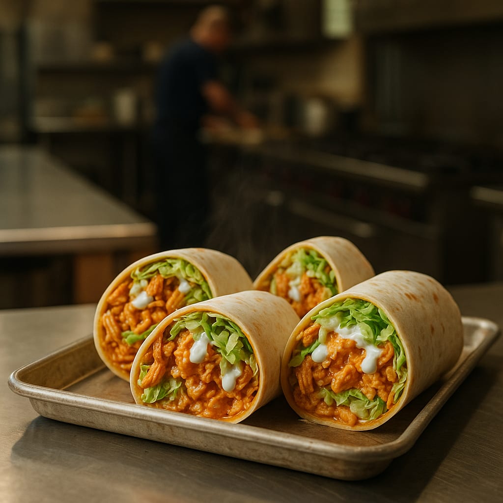 Buffalo Chicken Wraps — shredded buffalo chicken, lettuce, ranch dressing, and flour tortillas