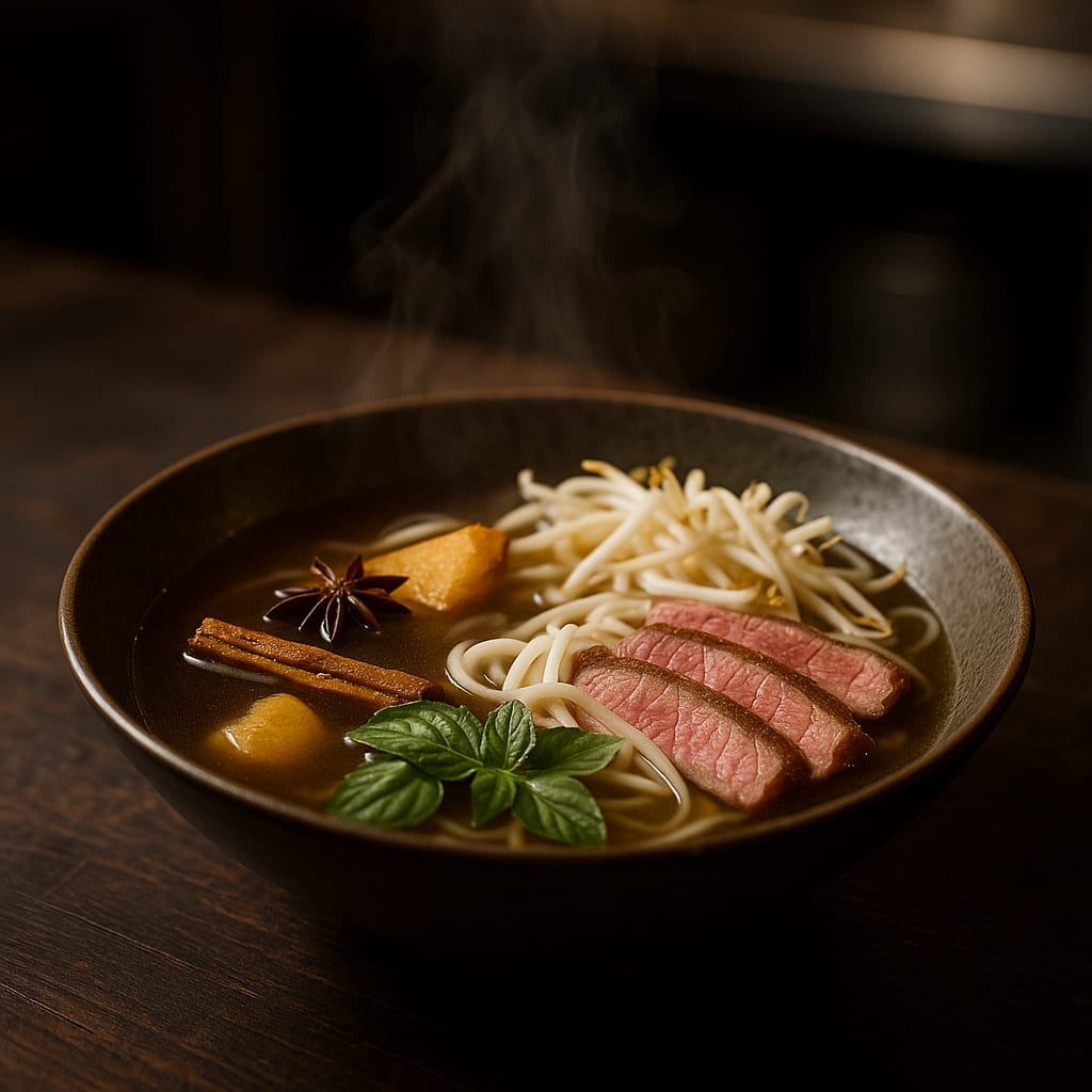 Build-Your-Own Pho Bar — beef broth, star anise, cinnamon stick, fresh ginger, rice noodles, sirloin steak, bean sprouts, and thai basil