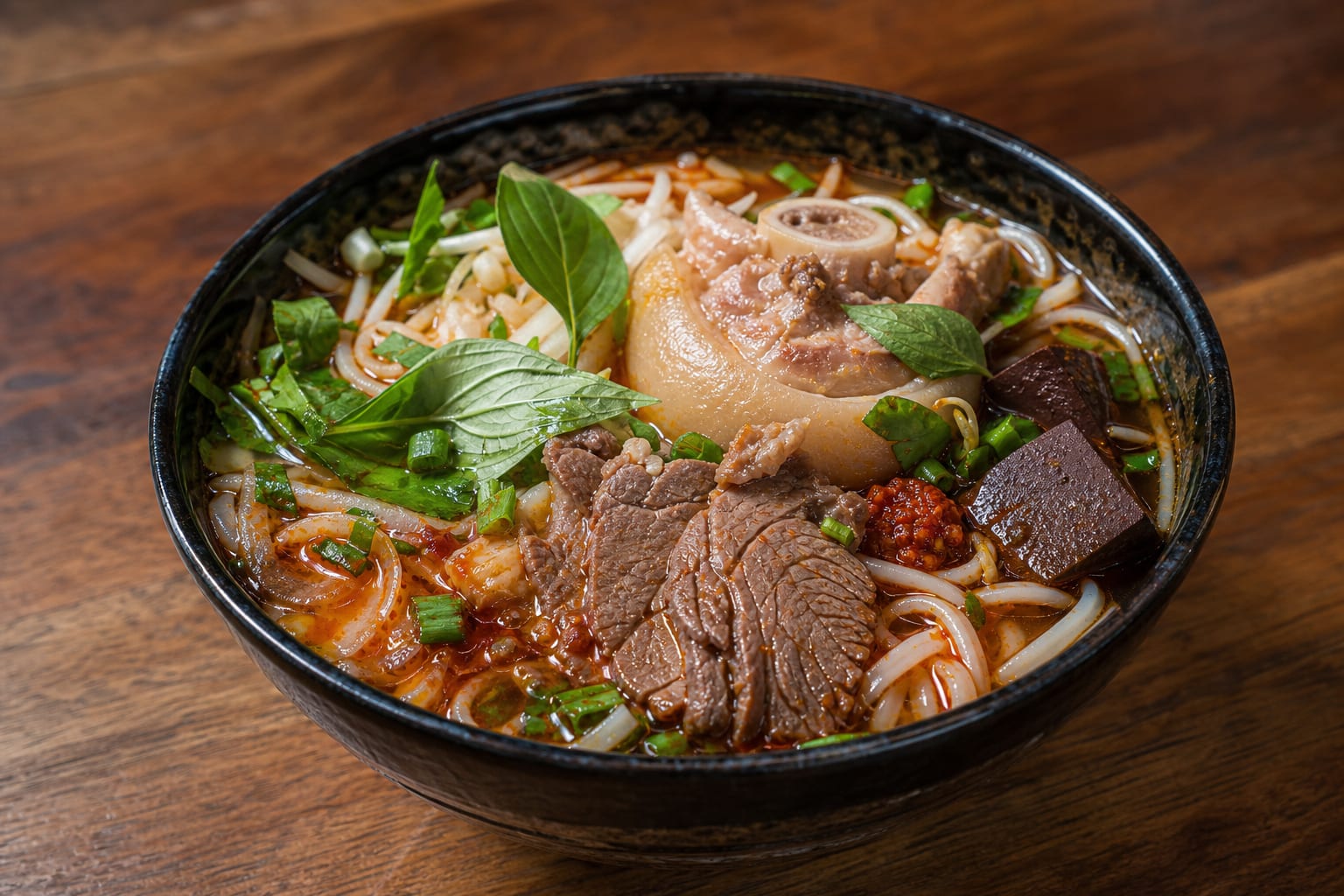 Bun Bo Hue Noodle Soup — beef shank, pork hock, beef eye round, round rice noodles, thai basil, mint, and chili oil