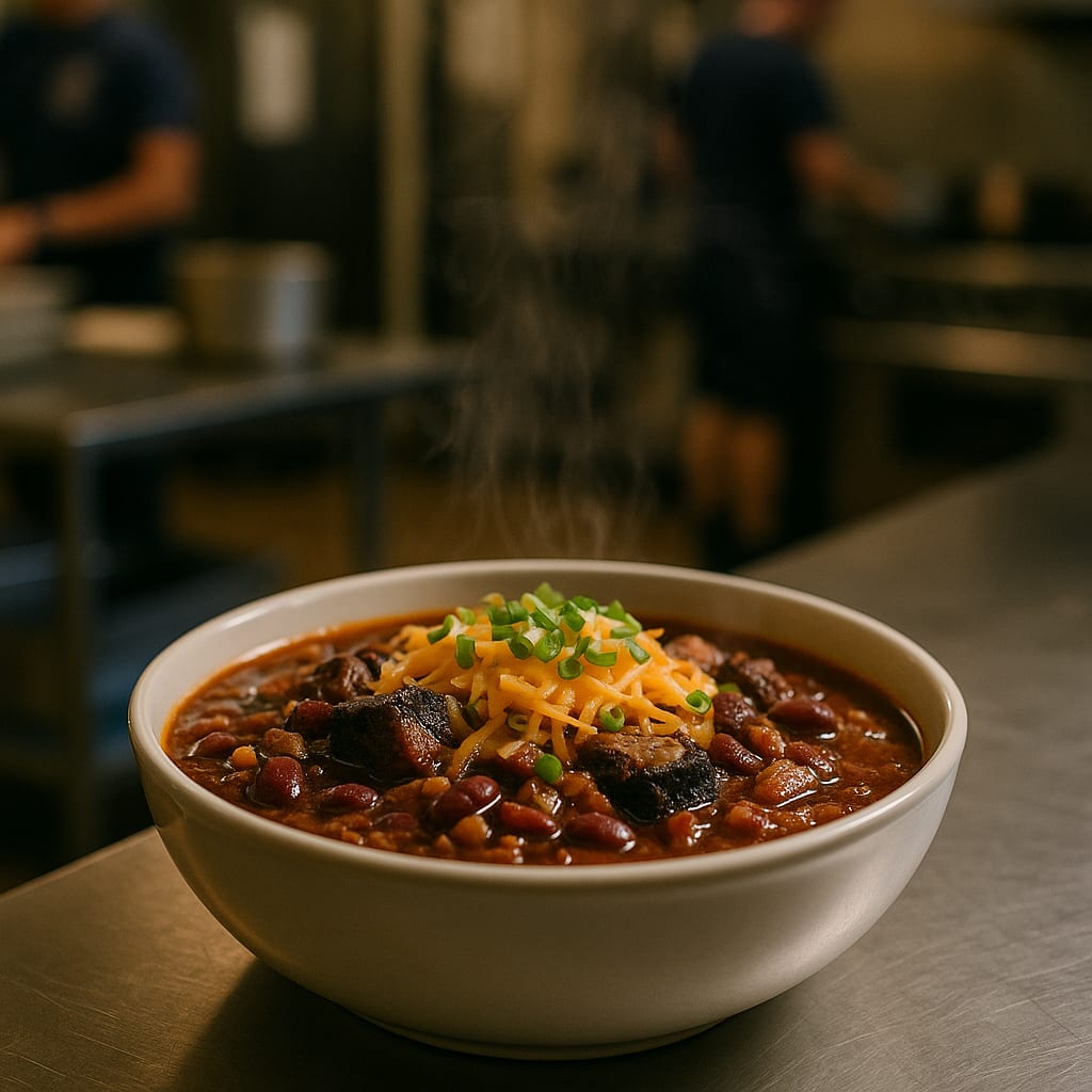 Burnt Ends Chili for the Crew — kidney beans, crushed tomatoes, onions, cheese, and green onions
