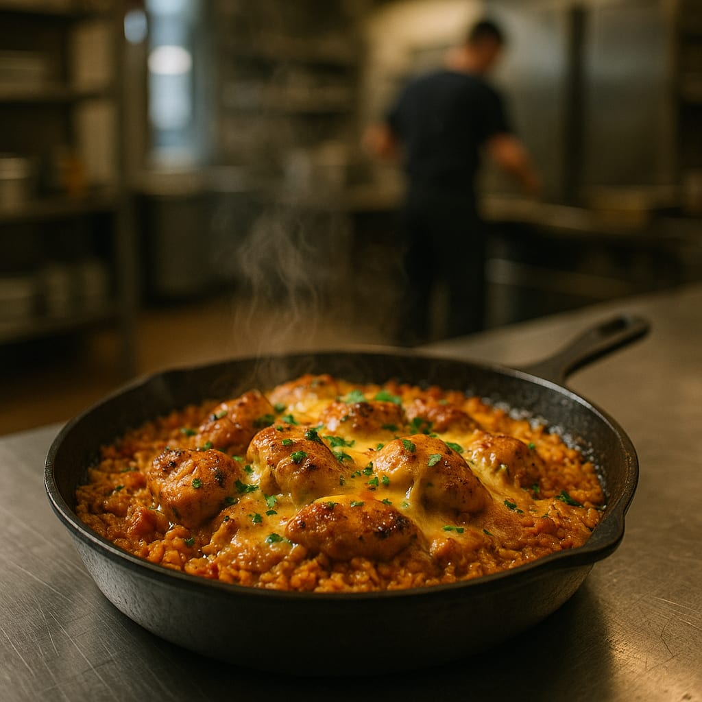 Cajun Chicken and Rice Skillet — bone-in chicken thighs, long-grain white rice, and green onions