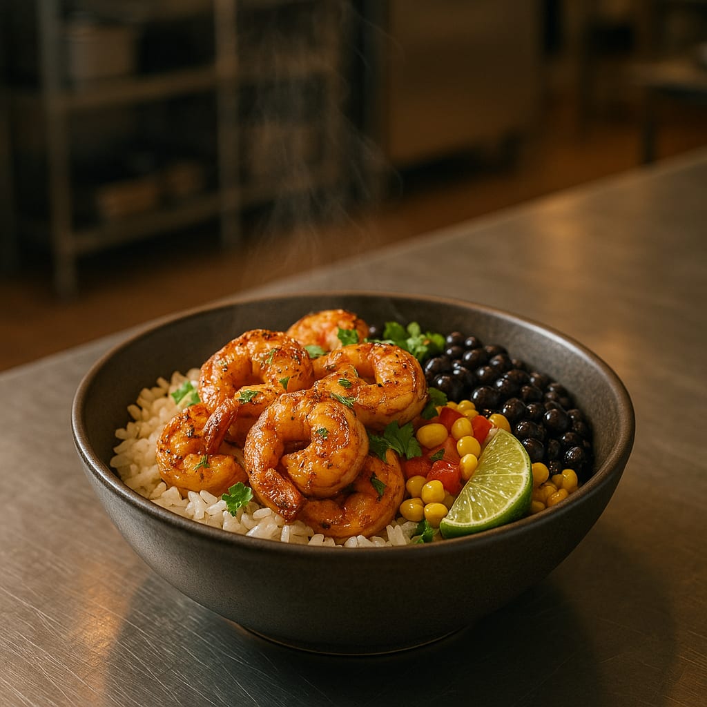 Cajun Lime Shrimp & Black Bean Bowls — jasmine rice, corn, bell pepper, lime wedge, and fresh cilantro