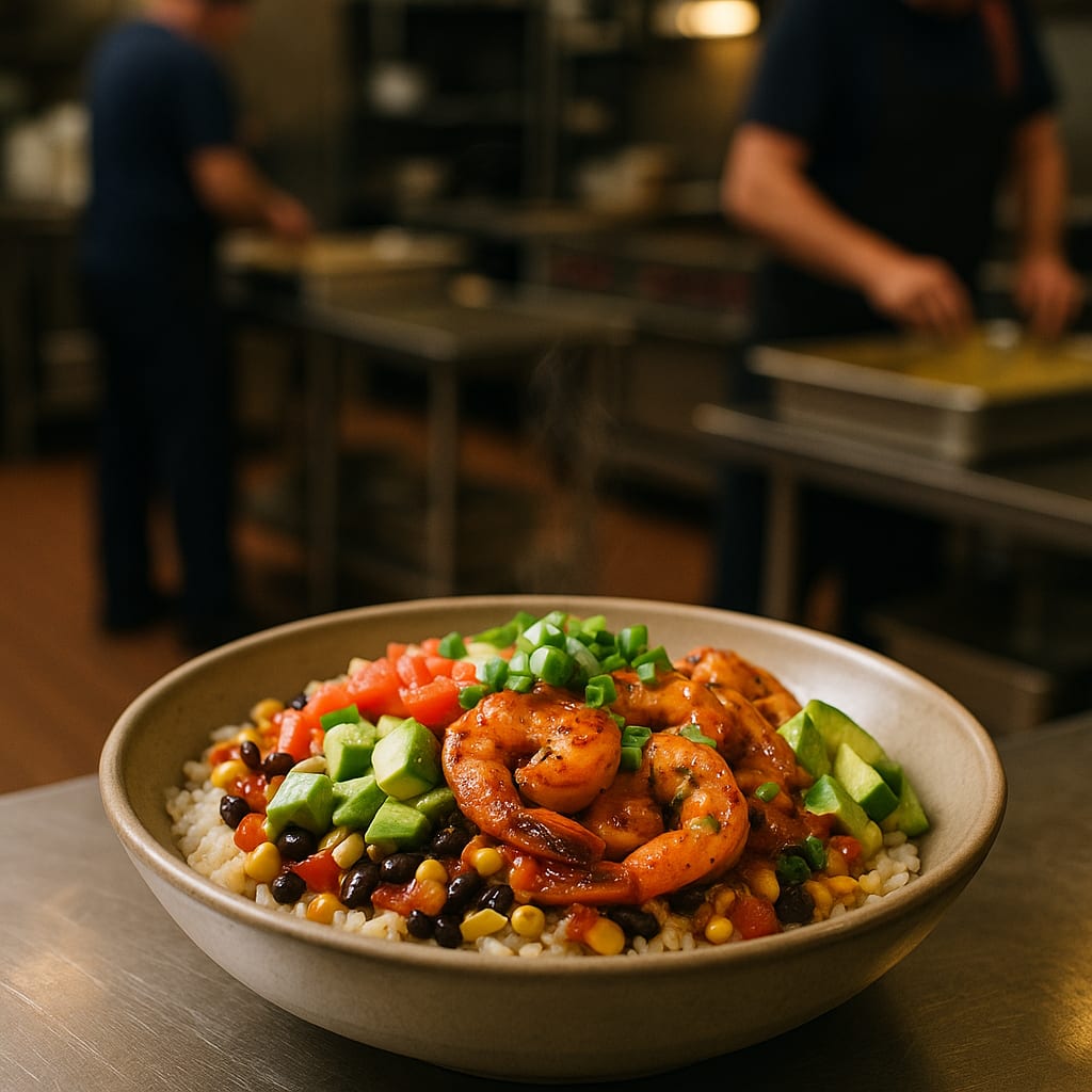 Cajun Shrimp Rice Bowls — bell peppers, corn, black beans, avocados, tomatoes, and green onions