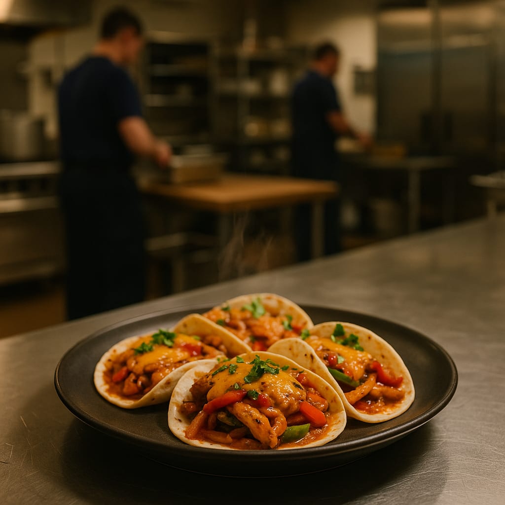 Cast Iron Chicken Fajitas — chicken breast, red bell pepper, green bell pepper, yellow onion, flour tortillas, and melted cheese