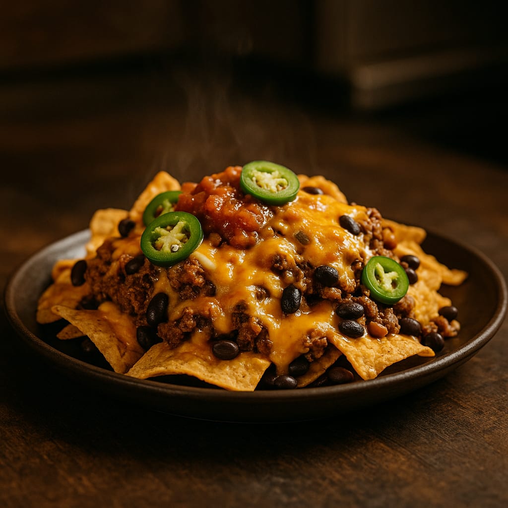 Cheesy Beef Nacho Bake — ground beef, tortilla chips, black beans, cheddar cheese, jalapeño peppers, and salsa