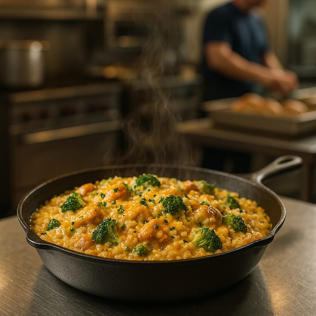 Cheesy Chicken Broccoli Rice — boneless chicken breast, long-grain white rice, broccoli florets, and sharp cheddar cheese