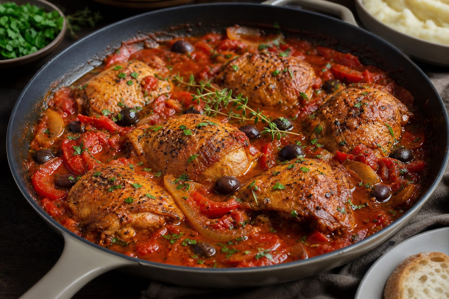 Chicken Cacciatore for the Crew — chicken leg quarters, red bell pepper, yellow onion, crushed tomatoes, and black olives