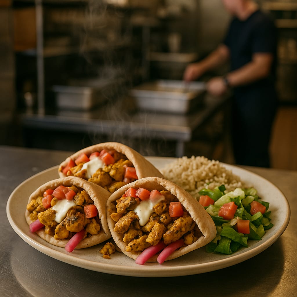 Chicken Shawarma Pitas — pita breads, pickled vegetables, tomatoes, and tahini sauce