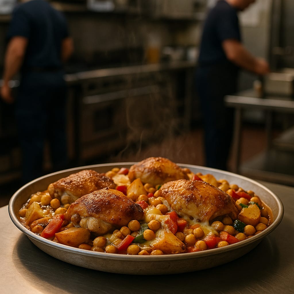 Chicken Thigh Stretch Dinner — bone-in chicken thighs, potatoes, canned chickpeas, bell peppers, and onions
