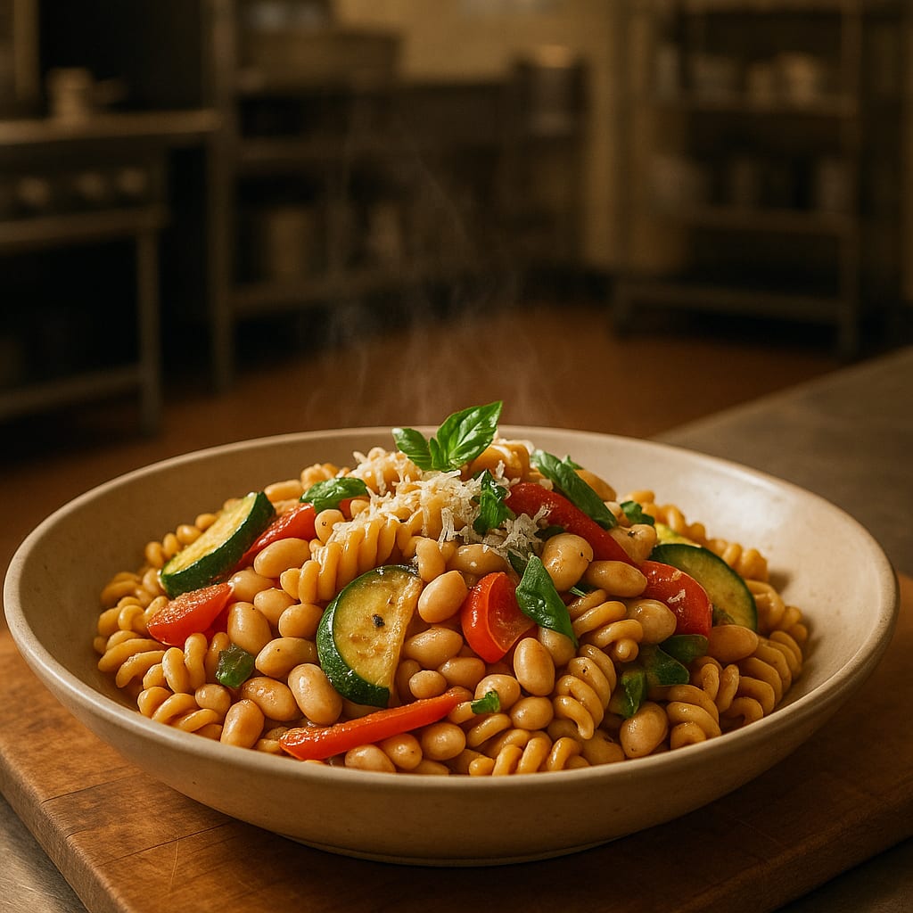 Chickpea Pasta Primavera with White Beans — high-protein chickpea pasta tossed with roasted vegetables, white beans, and parmesan