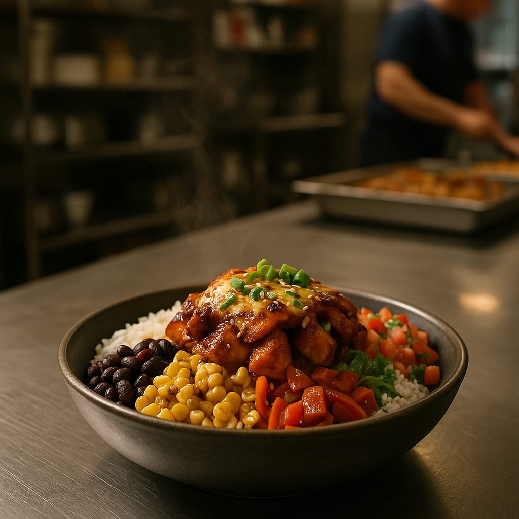Chipotle Chicken Burrito Bowls — chicken thighs, rice, black beans, corn, bell peppers, pico de gallo, and cheddar cheese