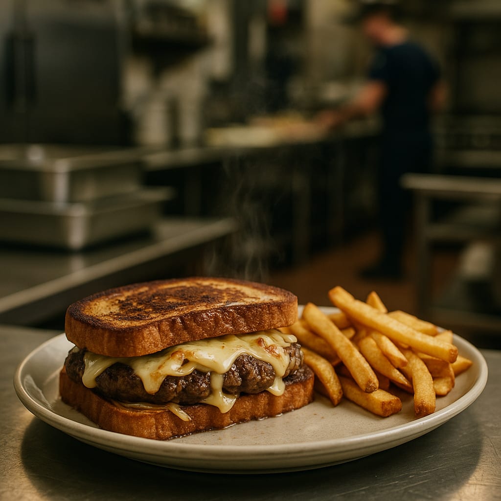 Classic Patty Melt for the Crew — ground beef, yellow onions, rye bread, Swiss cheese, and French fries