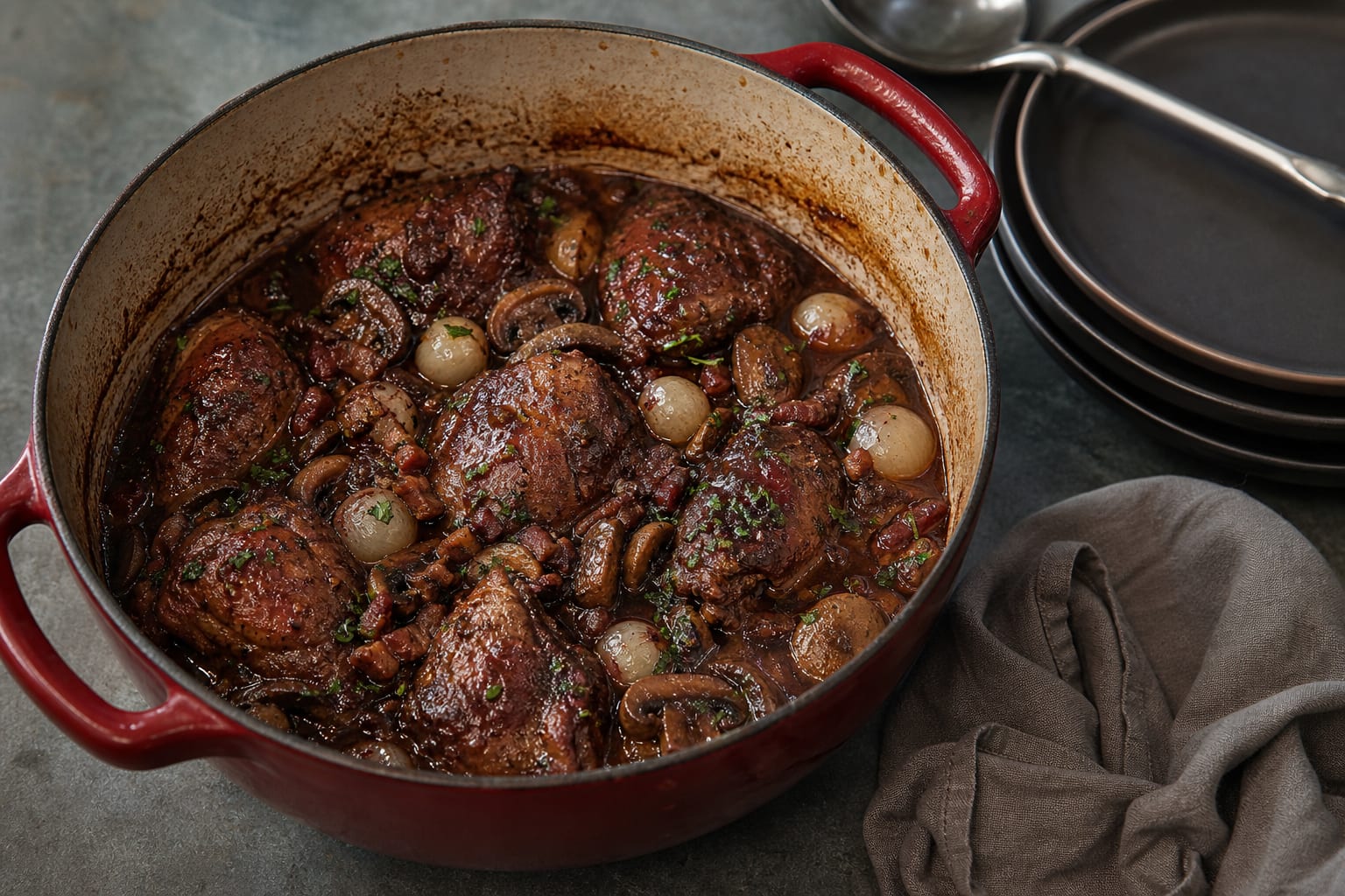 Coq au Vin Batch — chicken legs and thighs, bacon, cremini mushrooms, pearl onions, and parsley