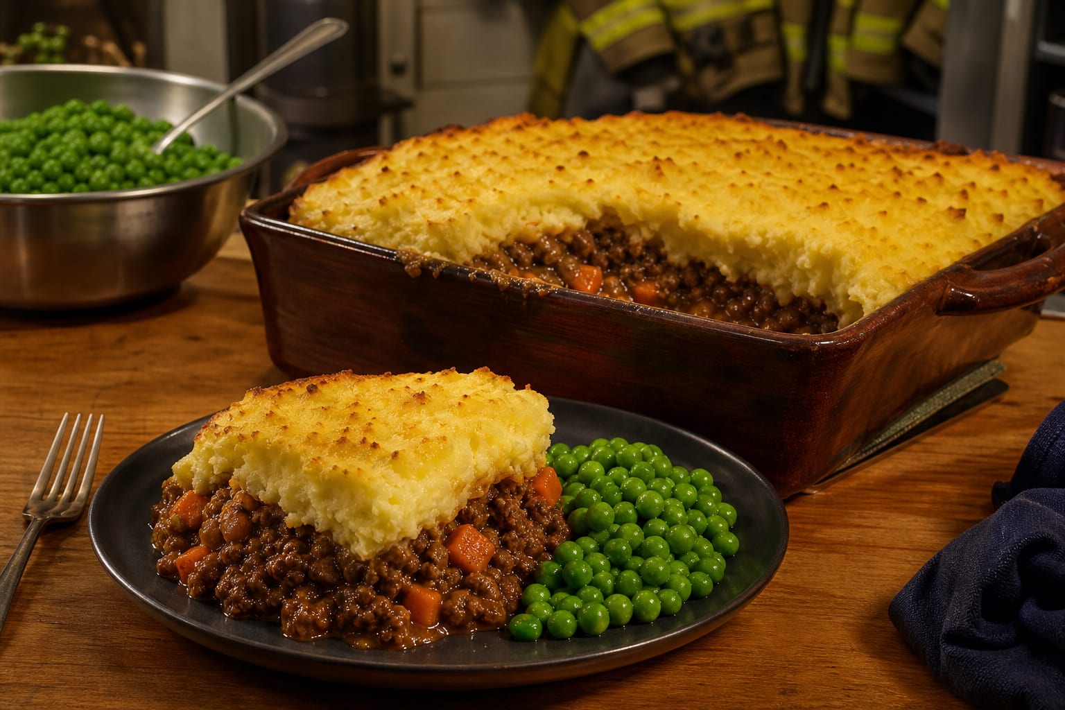 Cottage Pie for the Crew — ground beef, yellow onion, carrots, frozen peas, russet potatoes, and cheddar cheese