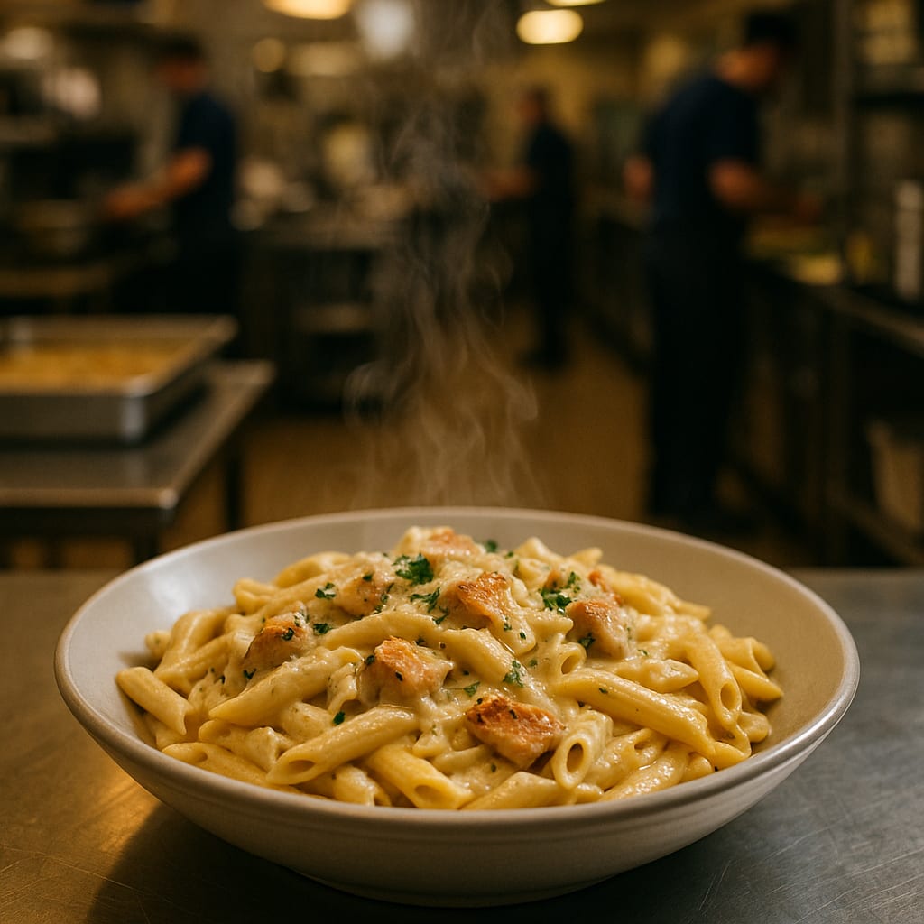 Creamy Chicken Penne Alfredo — penne pasta, chicken breast, grated Parmesan, and fresh parsley