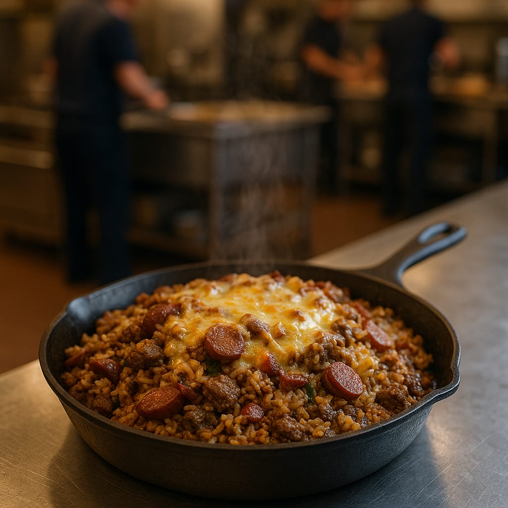 Dirty Rice Crew Skillet — andouille sausage, ground beef, long-grain rice, bell peppers, celery, and melted cheese
