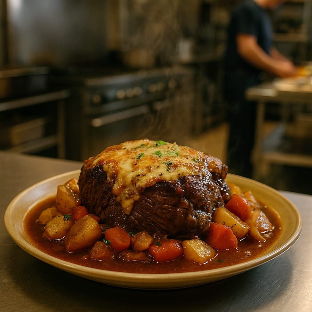 Dutch Oven Pot Roast — boneless chuck roast, yukon gold potatoes, carrots, yellow onion, and gravy