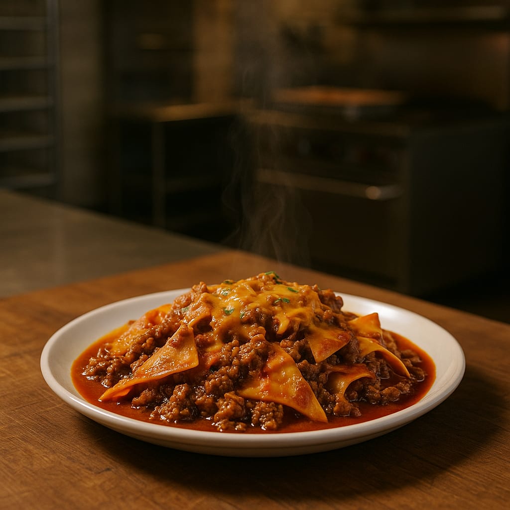 Beef Enchilada Skillet — ground beef, flour tortillas, red enchilada sauce, shredded cheddar cheese, and fresh cilantro