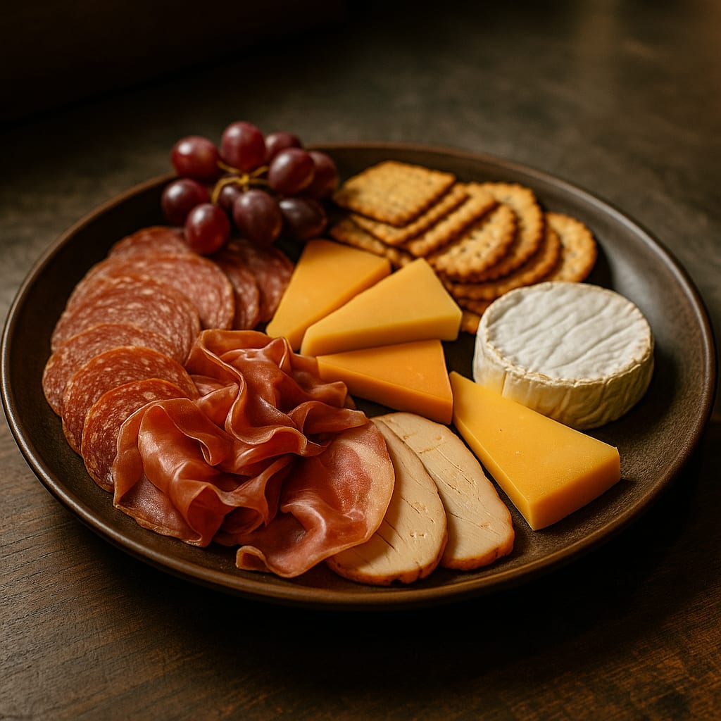 Firehall Charcuterie Board — sliced salami, sliced prosciutto, sliced turkey breast, cheddar cheese, brie wheel, crackers, and grapes