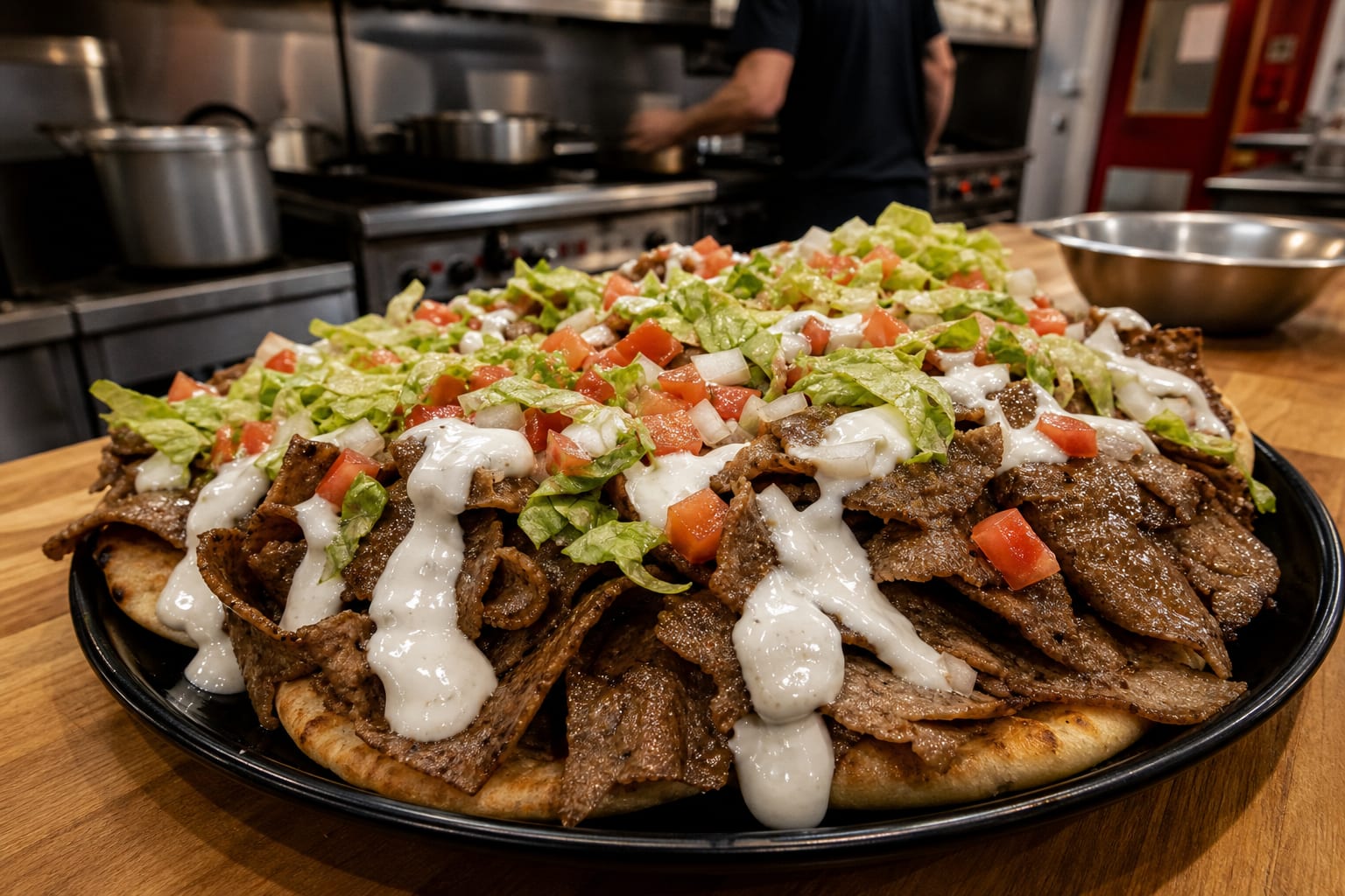 Firehall Donair Platter — shaved meat, pita bread, tomatoes, onions, sauce, and lettuce