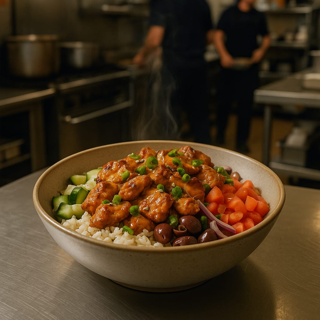 Greek Chicken Bowls — rice, cucumbers, tomatoes, red onion, and kalamata olives