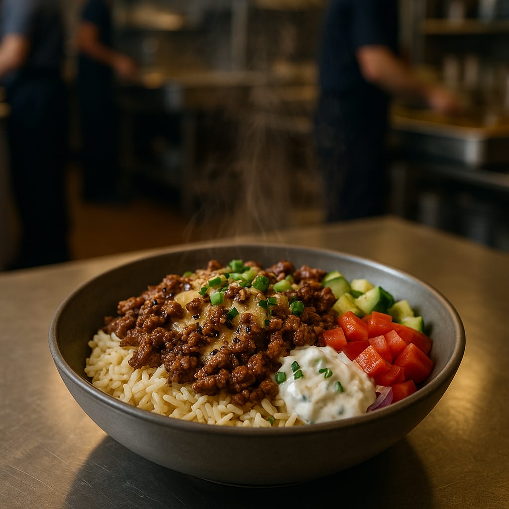 Firehall Gyro Bowls — lean ground beef, long-grain rice, cucumber, tomatoes, tzatziki, and red onion