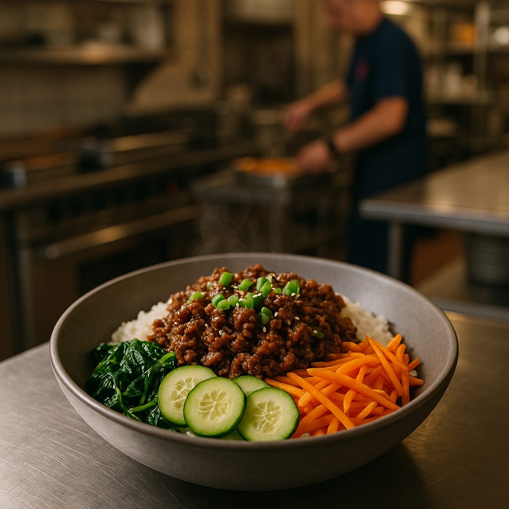 Korean Beef Bowls — ground beef, jasmine rice, cucumbers, carrots, and spinach
