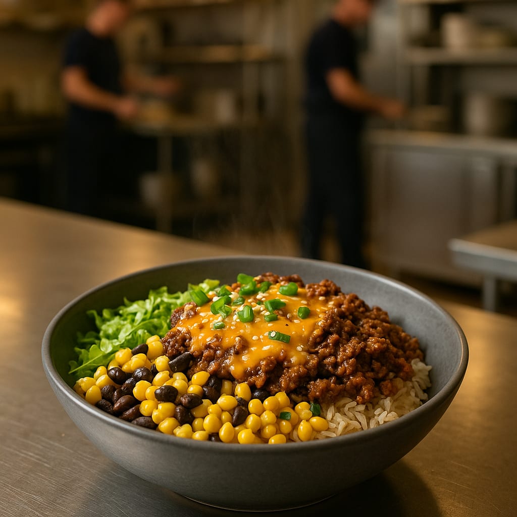 Firehall Taco Bowls — ground beef, black beans, corn, shredded lettuce, cheddar cheese, and rice