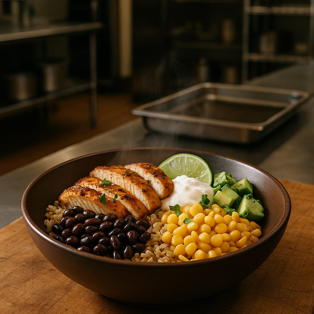 Firehouse Chicken & Black Bean Bowls — chicken breast, brown rice, corn, avocado, plain greek yogurt, and lime