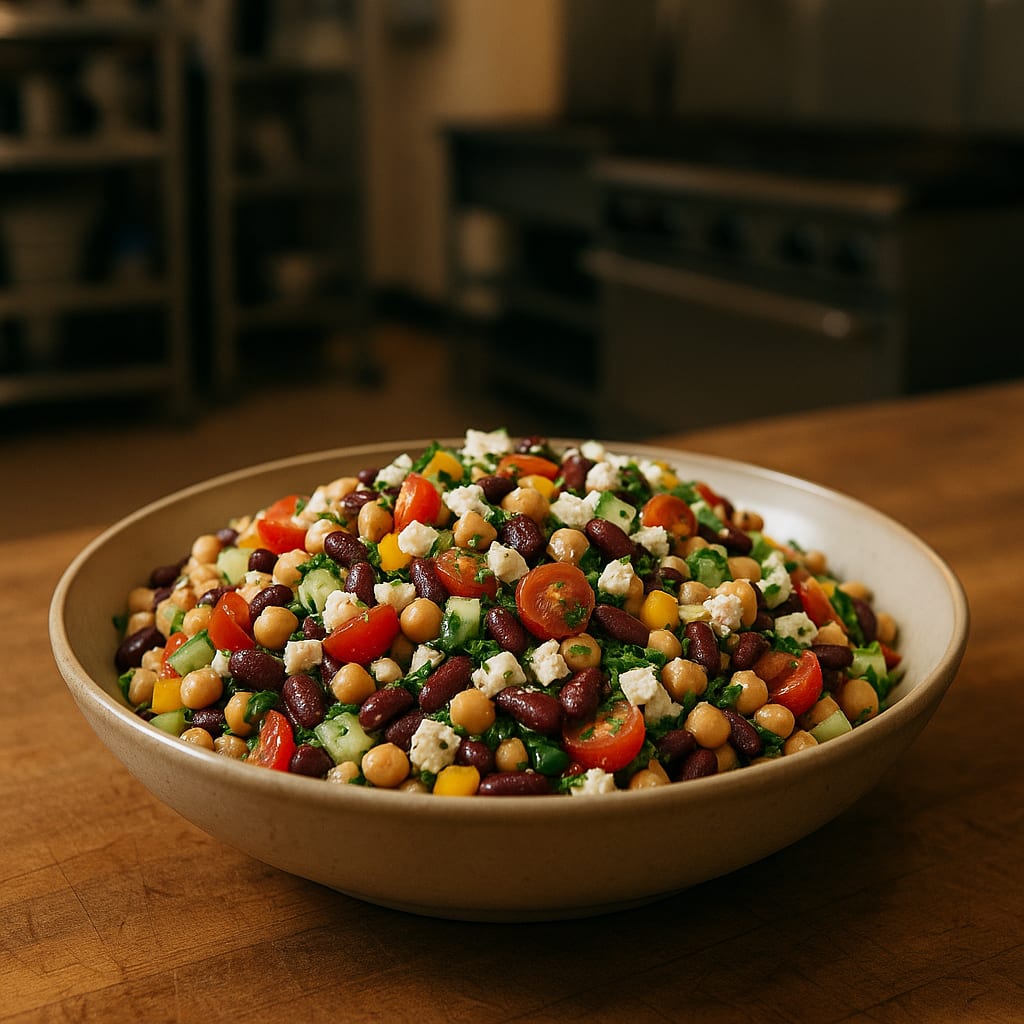 Bean salad with mixed beans, crunchy vegetables, and lemon-herb vinaigrette