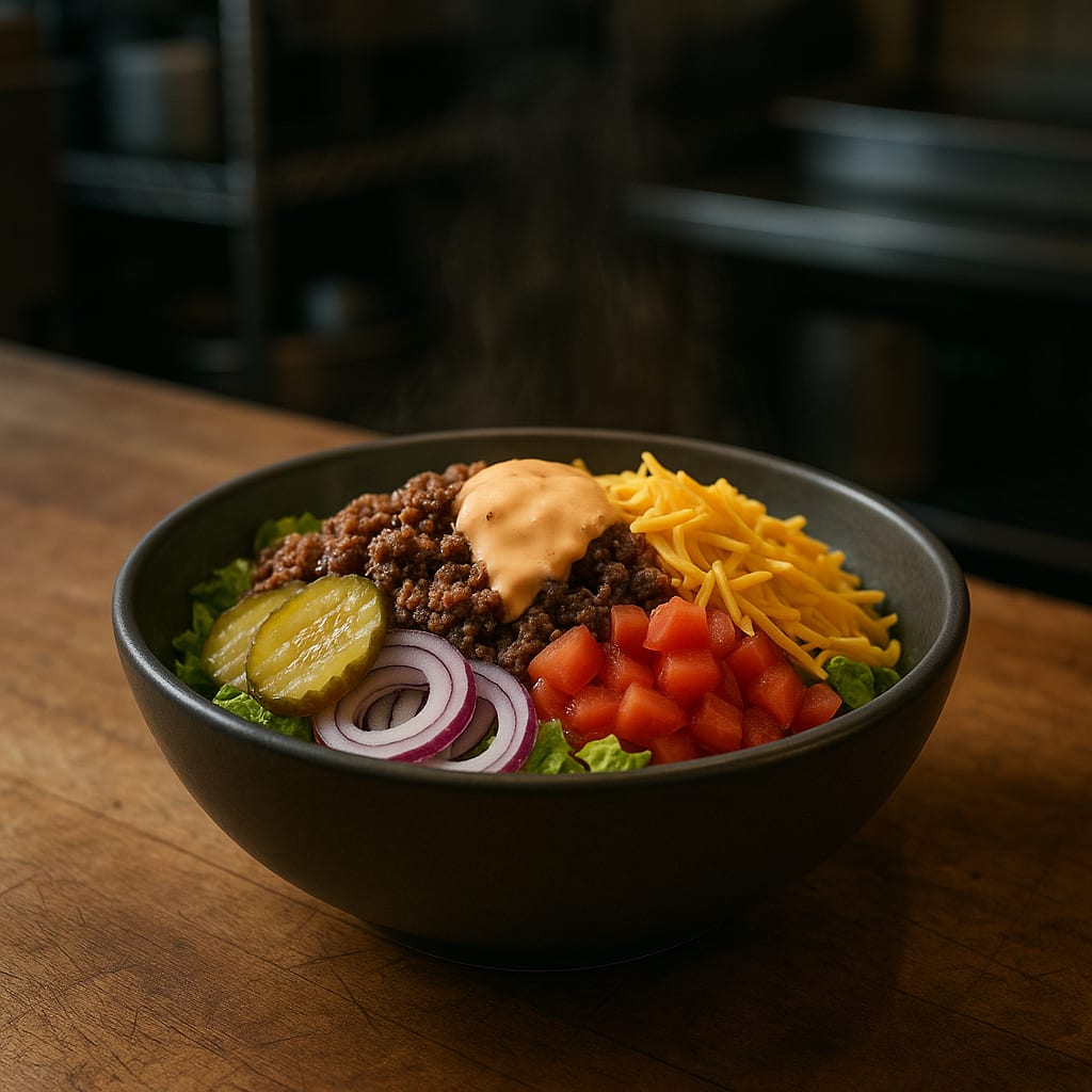 Firehouse Diner Burger Bowls — seasoned beef patties over lettuce with diner-style burger toppings and a tangy burger sauce