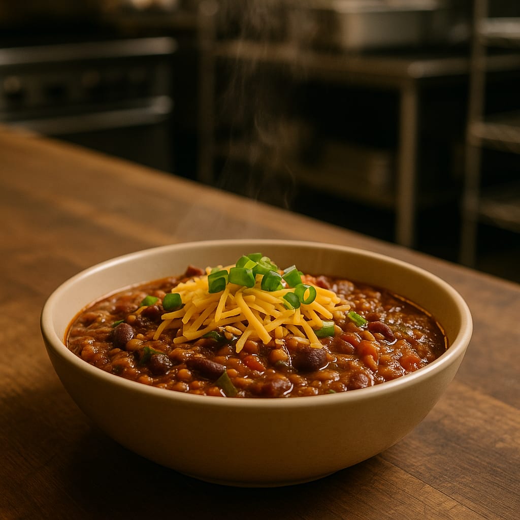 Firehouse Lentil Chili — a thick, vegetarian chili built on lentils, beans, and fire-roasted tomatoes