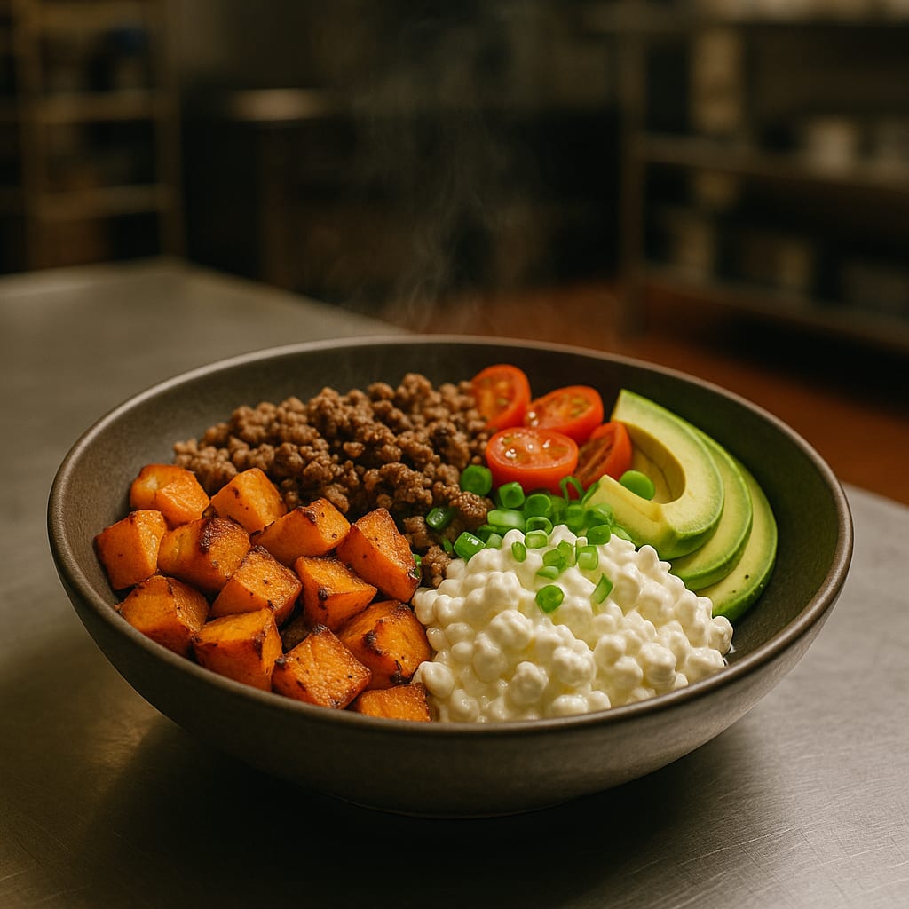 Firehouse Sweet Potato & Beef Protein Bowls — seasoned ground beef, roasted sweet potato, and cottage cheese in a high-protein bowl