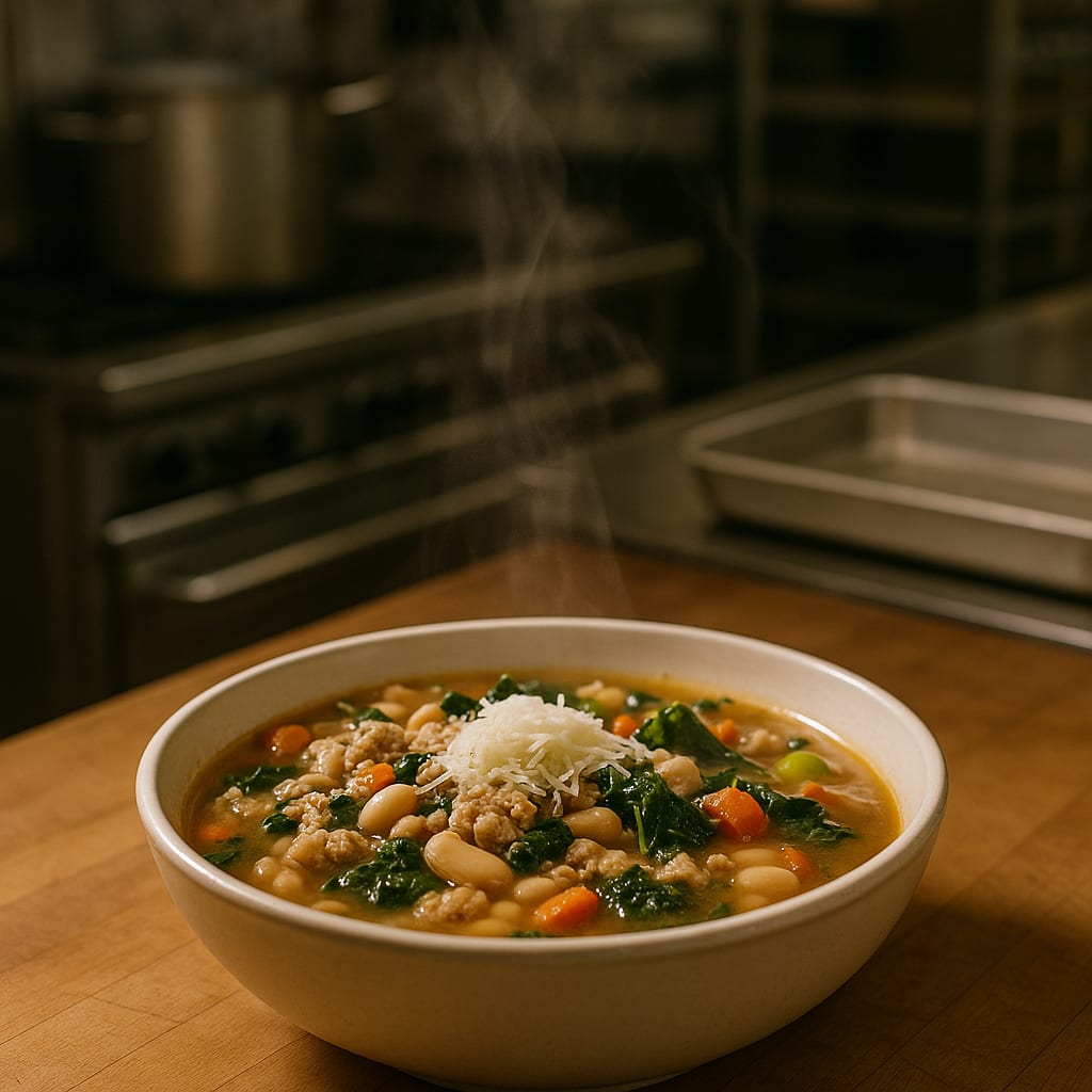 Firehouse Turkey & White Bean Soup — a hearty, lower-fat soup built on lean ground turkey, white beans, and greens