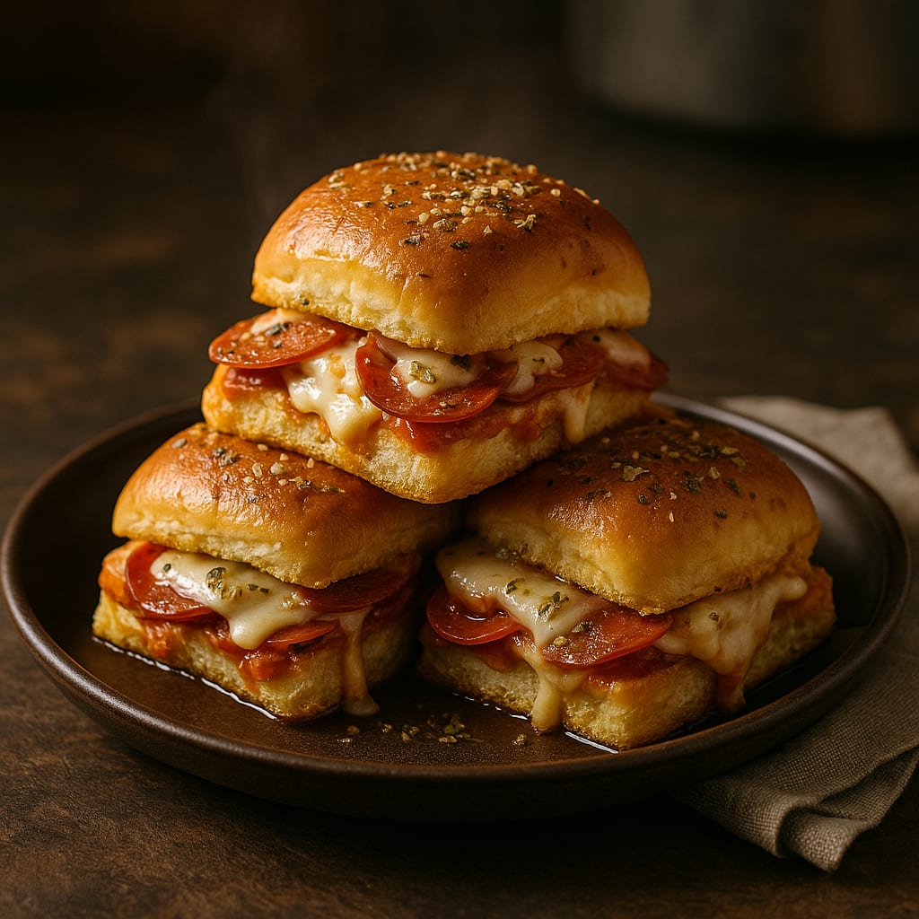 Game Day Pizza Sliders — hawaiian sweet rolls, pepperoni slices, mozzarella cheese, and dried oregano