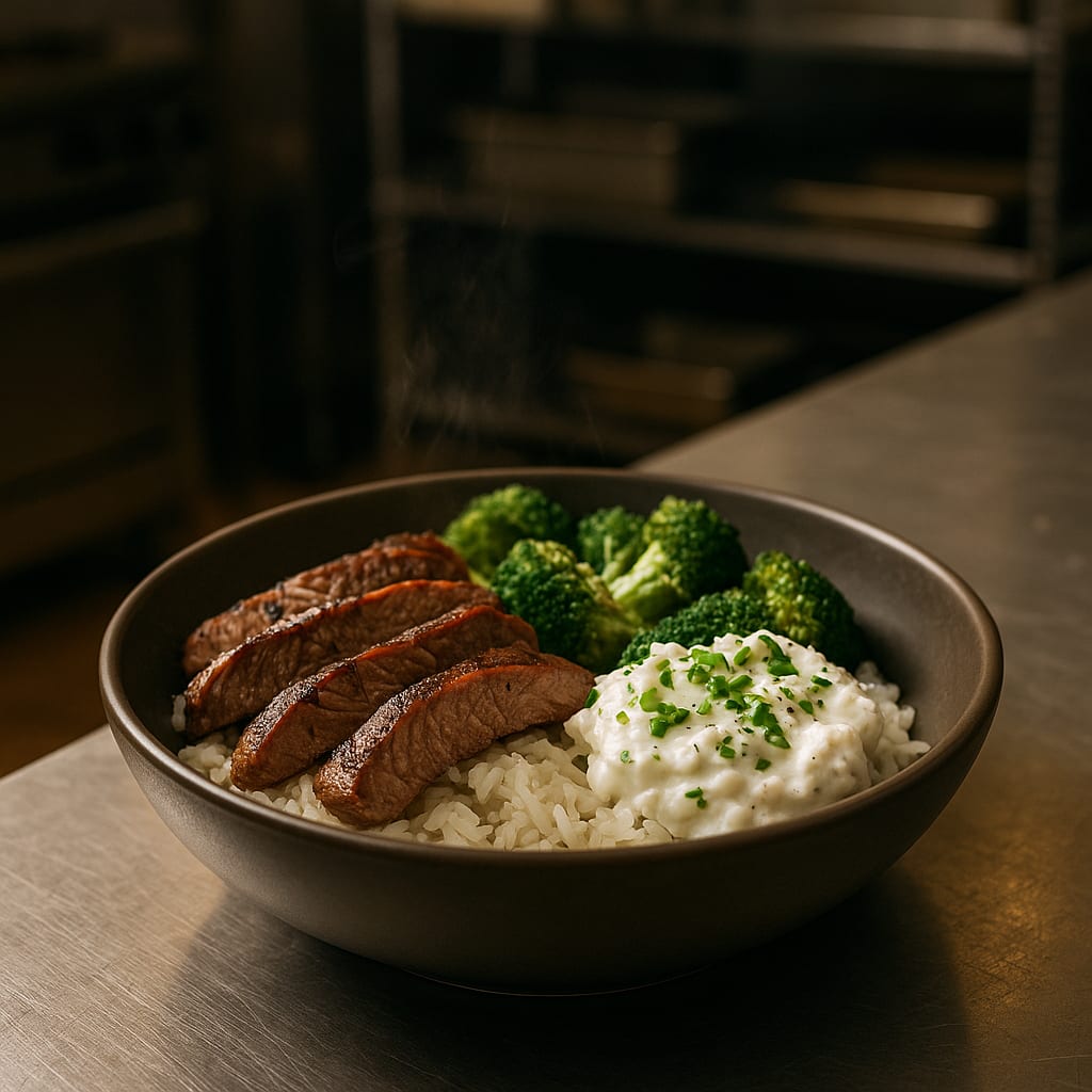 Garlic Steak & Broccoli Bowls with Herbed Cottage Cheese — sirloin steak, jasmine rice, broccoli florets, and fresh chives